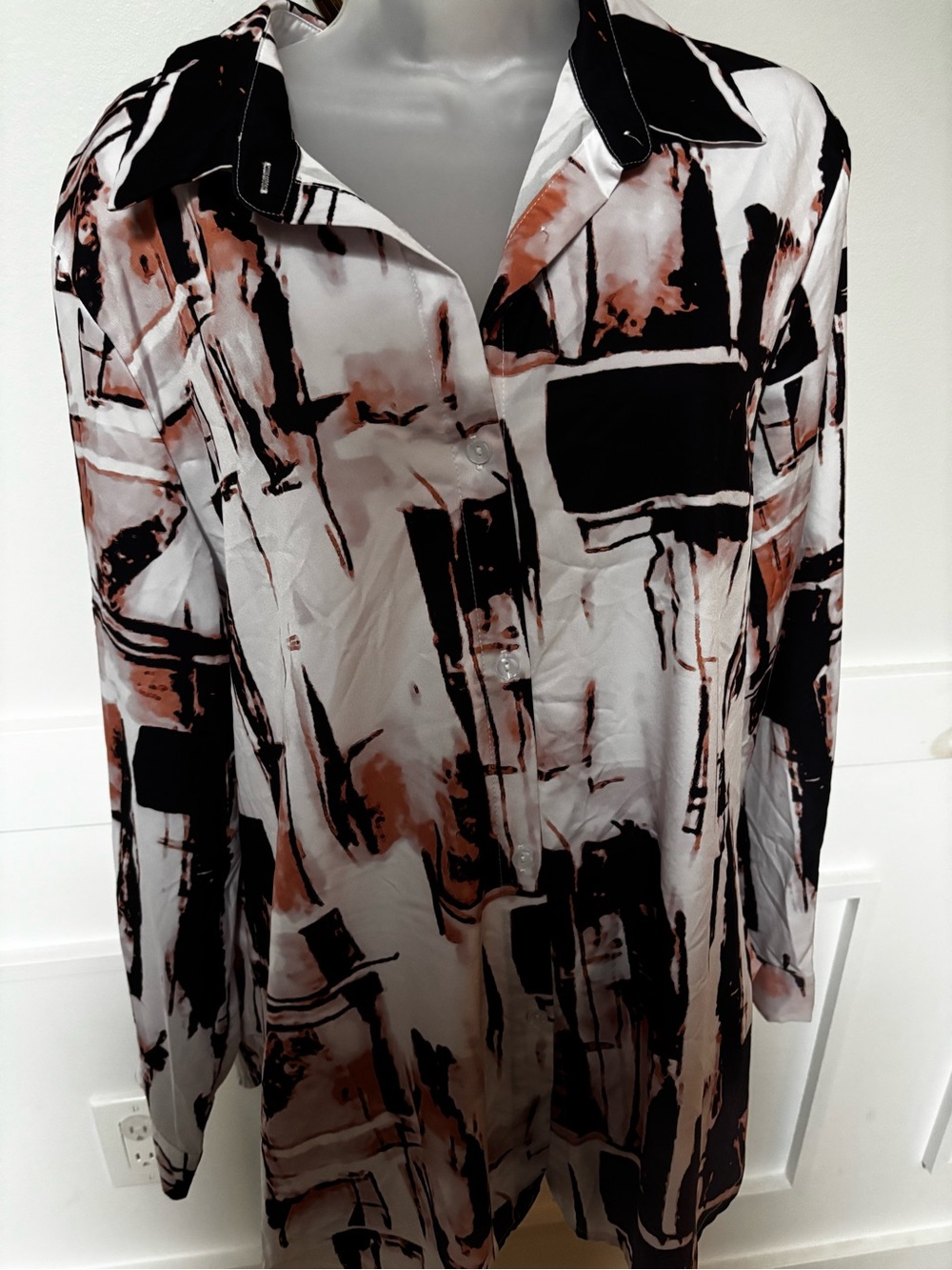 Satin Abstract Print Long-Sleeve Shirt - White, Black & Brown